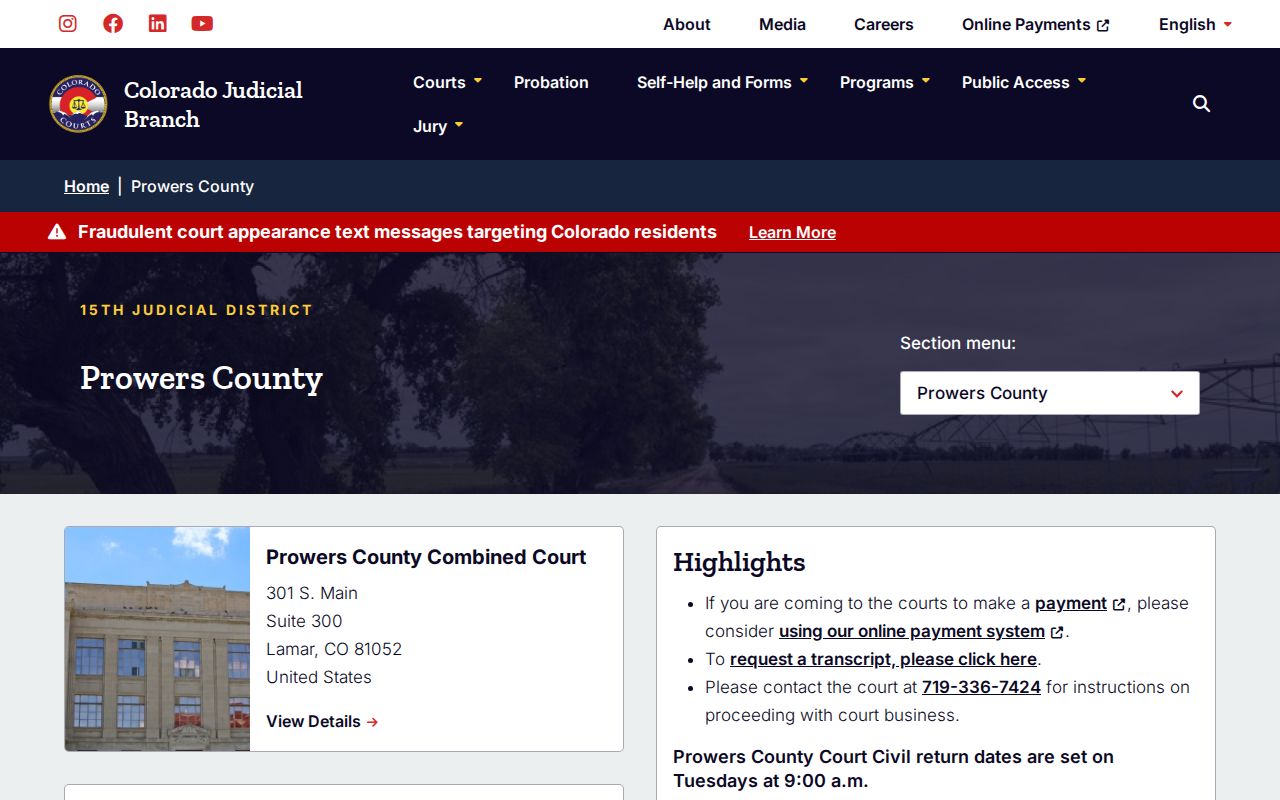 Prowers County Combined Court warrant record contact