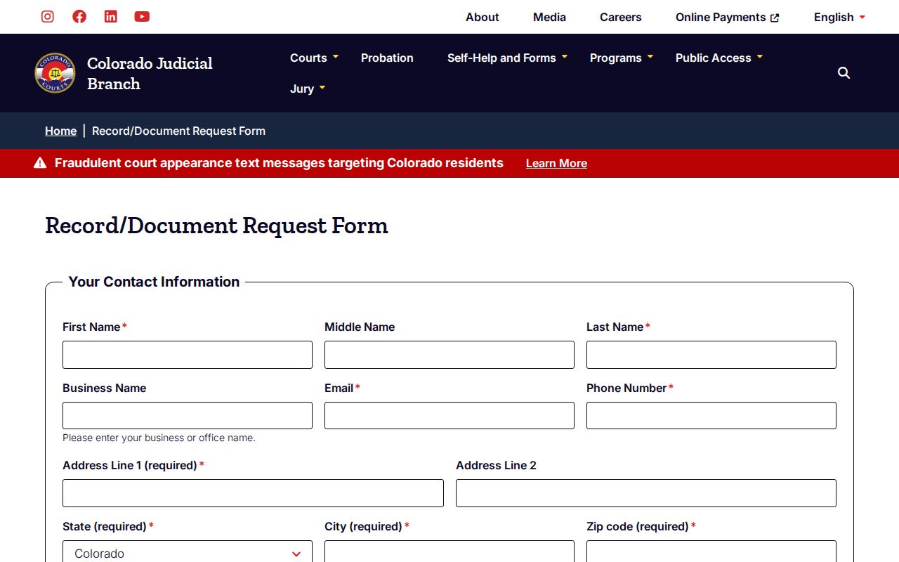 Colorado Judicial blank court record request form for a Prowers County case
