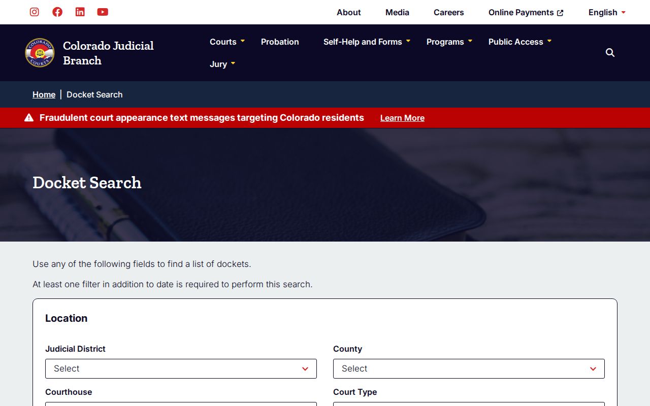 Colorado Judicial docket search fields used for Prowers County cases