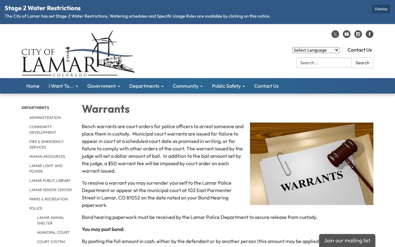 Prowers County municipal warrant instructions from Lamar