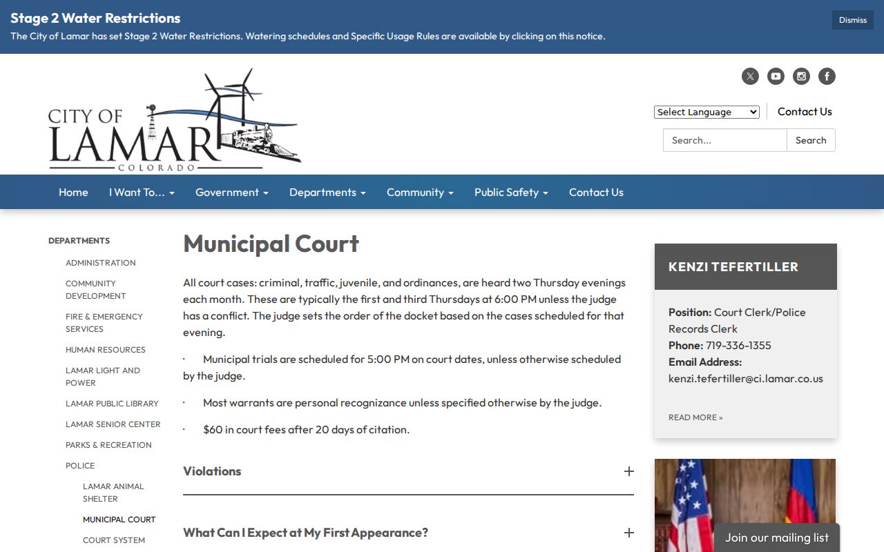 Prowers County Lamar municipal warrant court schedule