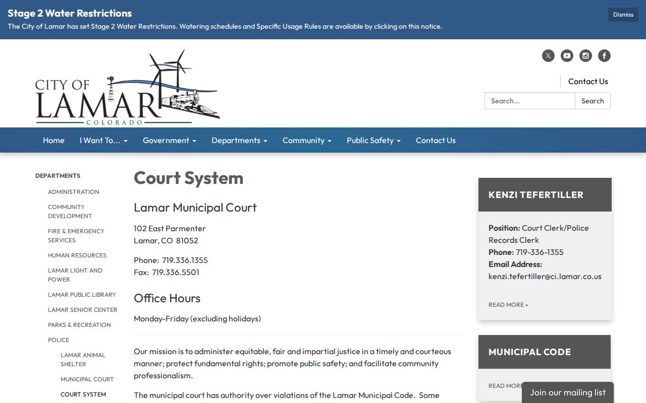 Prowers County municipal warrant court contact and jurisdiction