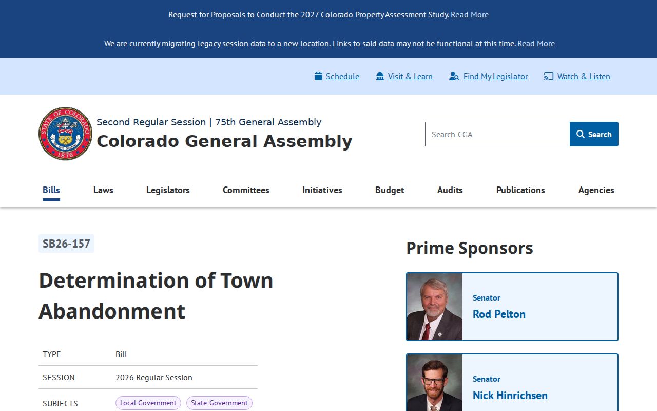Colorado General Assembly SB26-157 page providing Hartman local-government context